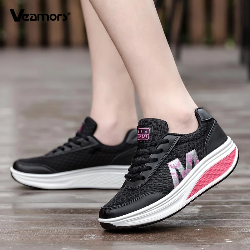 

Fashion Women Platform Shoes Non-slip Casual Walking Shoes Breathable Mesh Rocker Shoes Wedge Heels Big Size 35-43