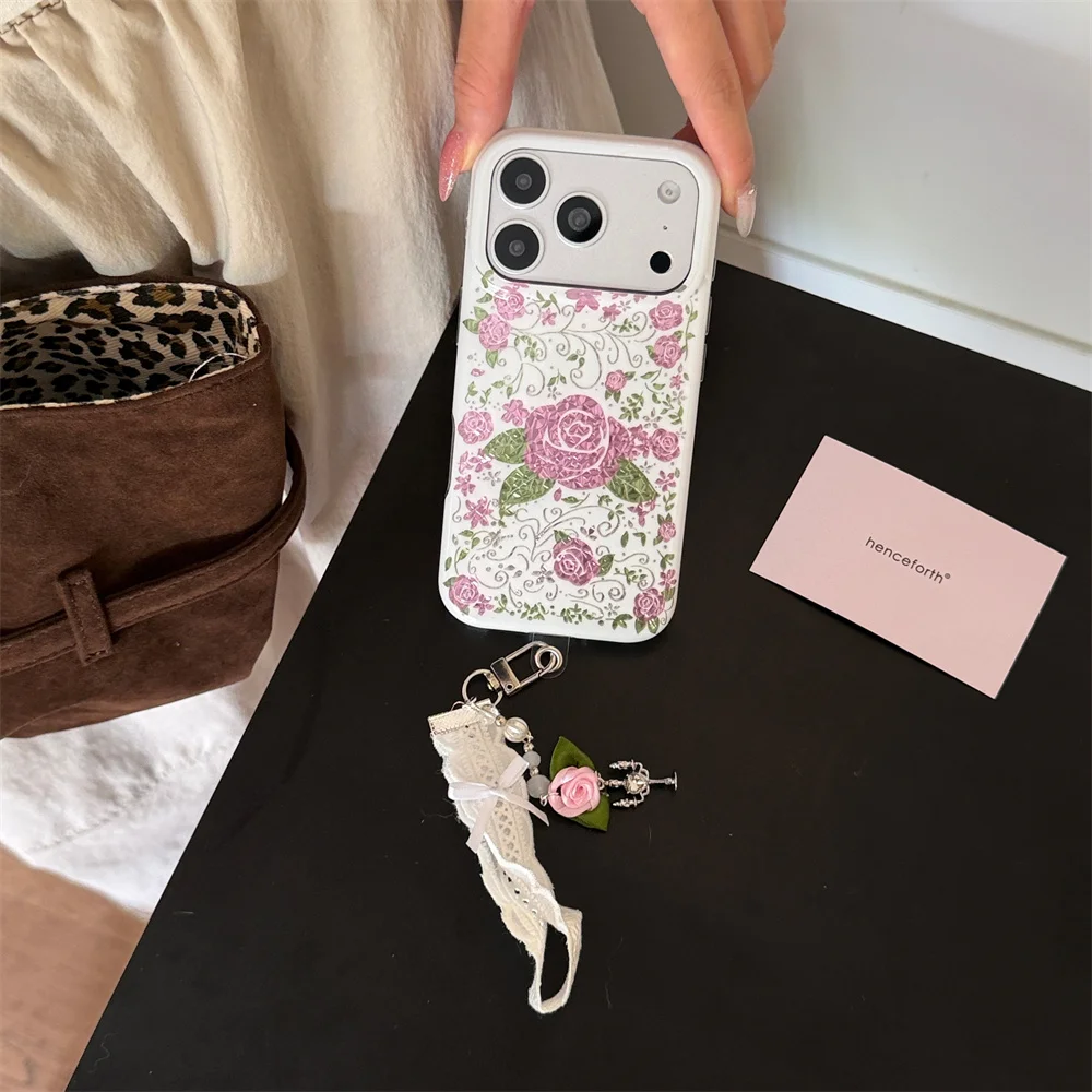Korean Glitter Cute Vine Rose Phone Case For iPhone 17 Pro 16 15 Pro Max Cover with Chain Shockproof Kawaii Cases 17Pro Funda