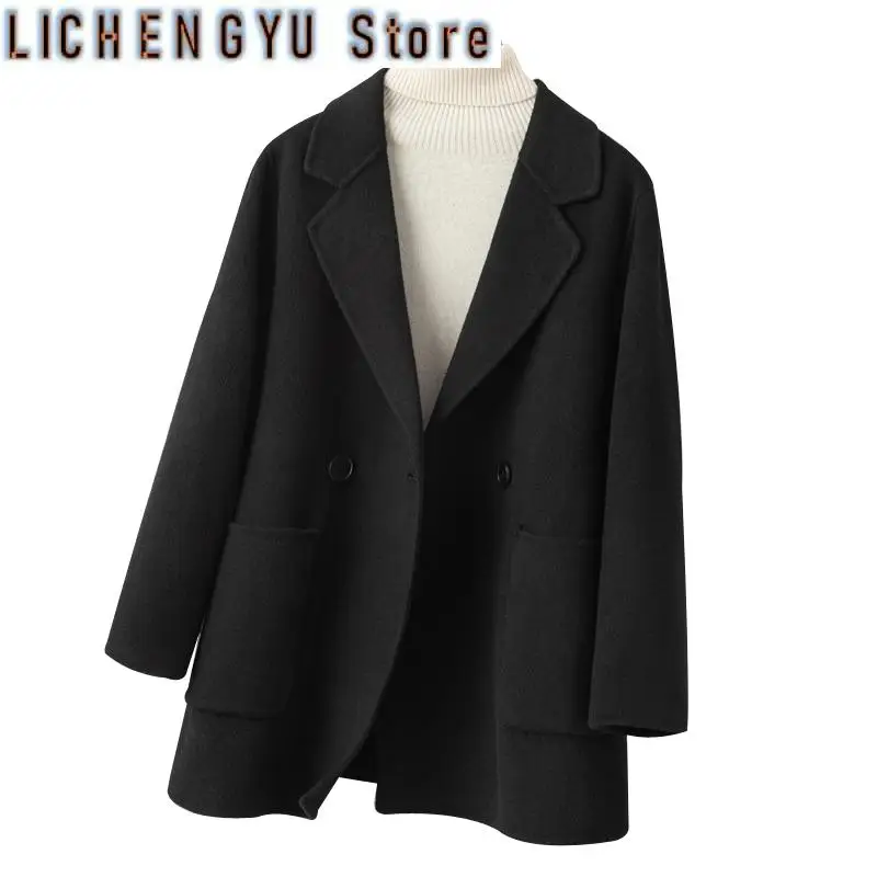 

Classic Common Style Women's Coat Pure Wool Reversible Woolen Coat Loose Suit Jacket Top Fashion Big Pocket