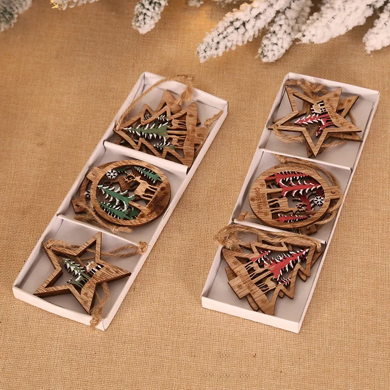 6pcs/set Diy Tree/Star Green Red Wooden Pendants Ornaments for Christmas Party Xmas Tree Ornaments Kids Gifts Decorations