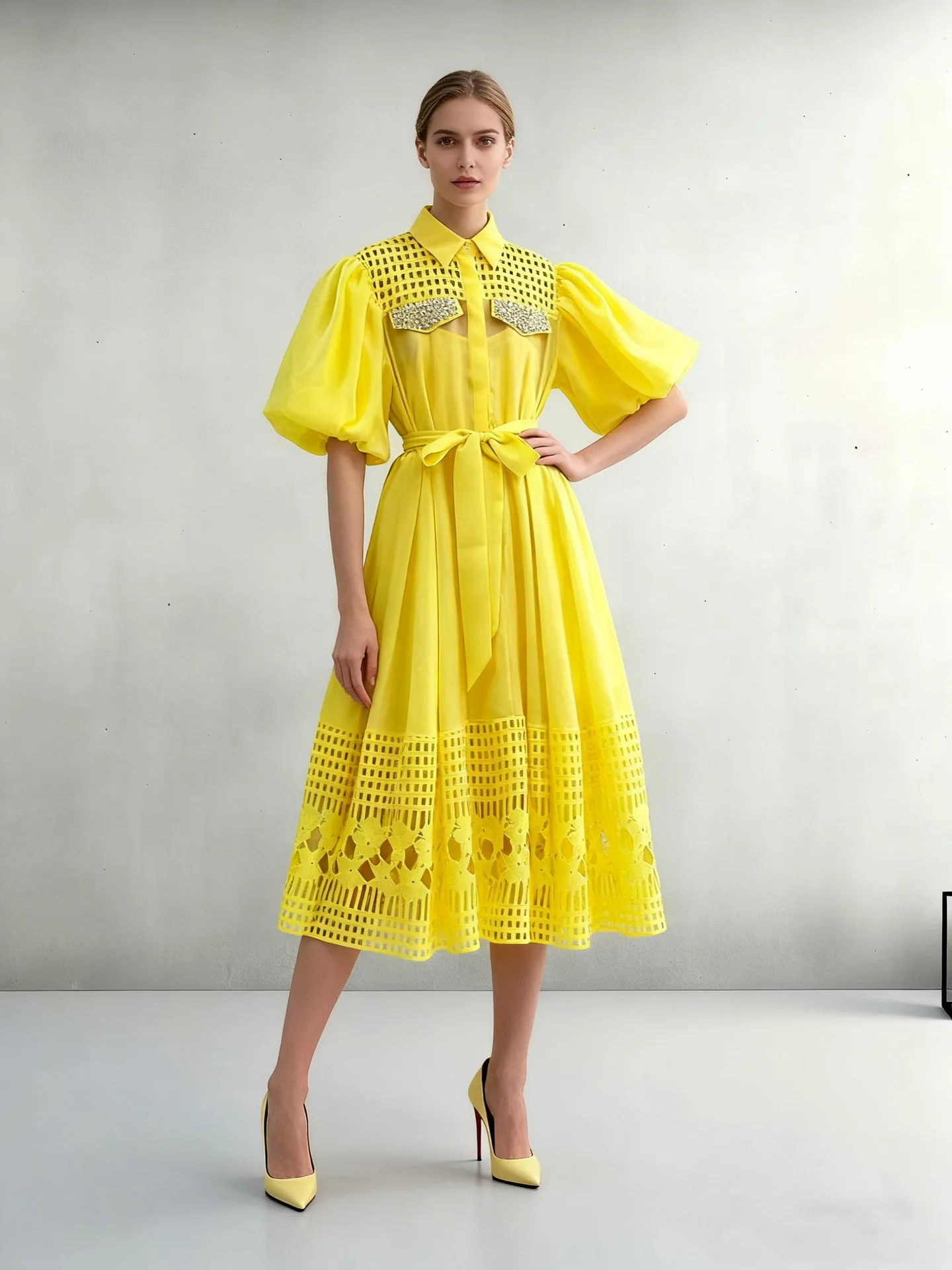 

Summer Hollow Out Beaded Loose Chiffon Beach Dress Shirt Women's Puff Sleeve Lace Up Belt Holiday Party Long Robes Maxi Vestidos