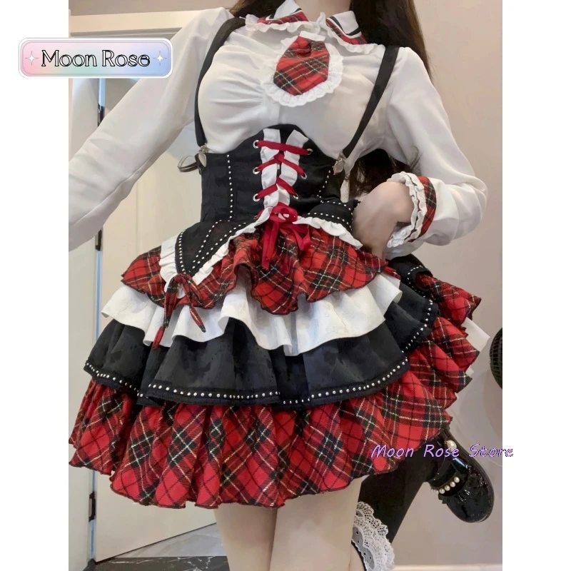 Plaid Patchwork Design Y2k Lolita Dress Sets Halloween Uniform Kawaii Mini Skirt Cosplay Anime Three Pieces Suit Women Costume