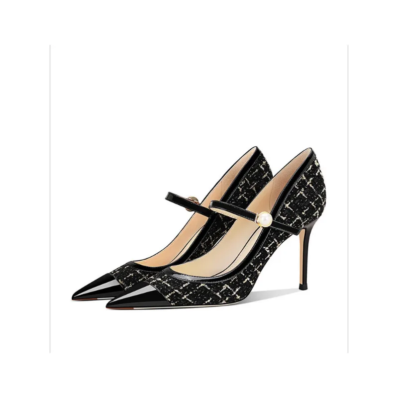 

2025 New Black Genuine Leather Pumps Women French Stiletto Heels Pointed Toe Shoes