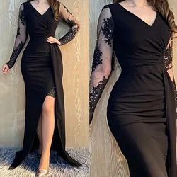 Jirocum V Neck Tulle Prom Gowns Women's Lace Applique Party Evening Gown Sexy Slit customized Floor Length Formal Occasion Dress