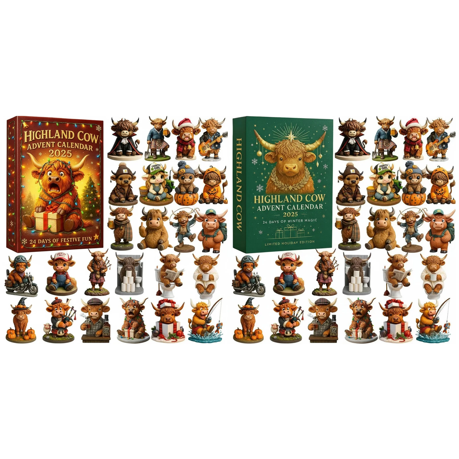 

Адвент-календарь «Высокогорная корова» 2025 с 24 3D-украшениями в виде коров, календарь обратного отсчета до Рождества на 24 дня, рождественские подарки-сюрпризы