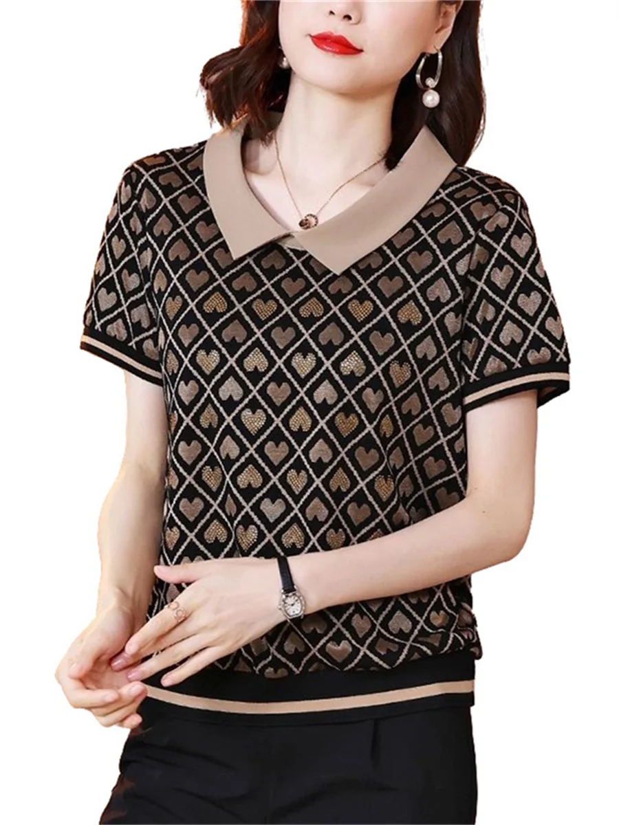 4XL Women Spring Summer Blouses Shirts Lady Fashion Casual Short Sleeve Turn-down Collar Heart-shaped Printing Blusas Tops G2052