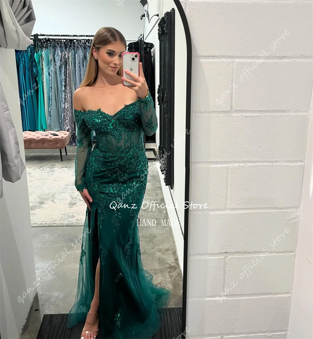 Qanz Emerald Green Evening Dresses Lace Appliques Long Sleeves Vestidos De Noche Elegantes Mermaid Robes De Soirée Customized