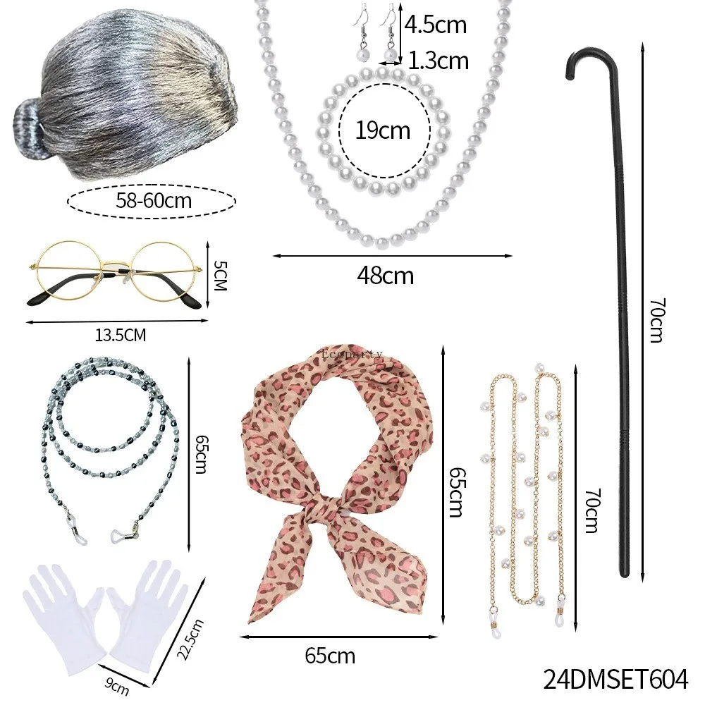 

Disfraz Granny Party set 9 pieces, including granny wig glasses and faux pearl necklace halloween party costume accessories