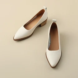 Elegant Women Pumps Shoes Low Heels Pointed Toe White Brown Genuine Leather Concise Pigskin Women Shoes Thick Heels A59