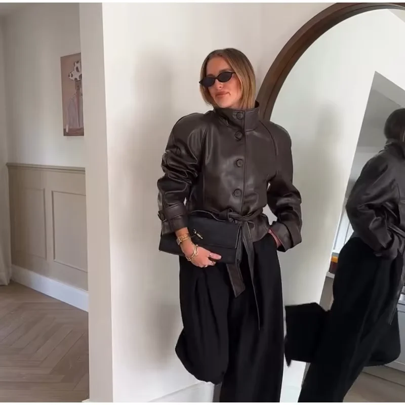 Guobioziy Glossy Shoulder-Patch Faux Leather Jacket with Belt Padded Shoulders 2026 Fall Women's Fashion Casual Leather Coat