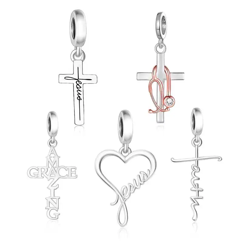Ювелирные изделия FC подходят для оригинального браслета-подвески, серебро 925 пробы, крест Иисуса, распятие, вера, удивительная Грейс, кулон, бусина для изготовления Berloque 2025
