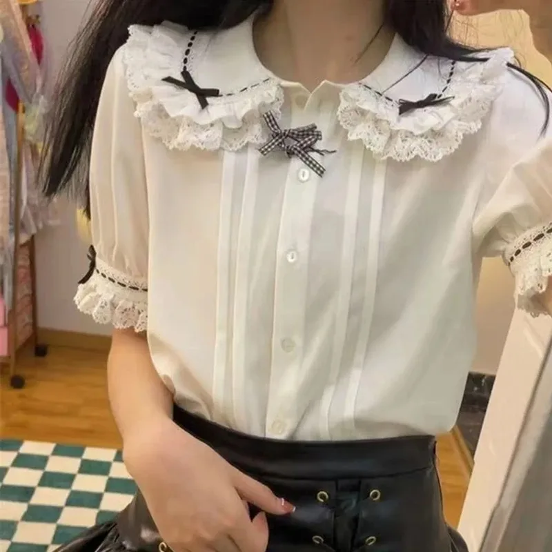 

Japanese Lolita Style Lace Ruffles Blouses 2025 Sweet Puff Sleeve Summer Women Kawaii Peter Pan Collar JK Shirt Cute Geww2