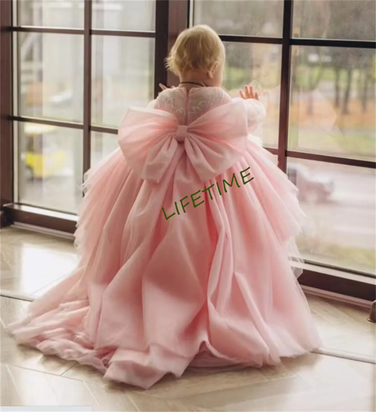 Unique Pink Baby Girl Birthday Dress Full Sleeve O Neck High-Low Winter Baby Dress Pageant Party Girl Gowns 1-14T