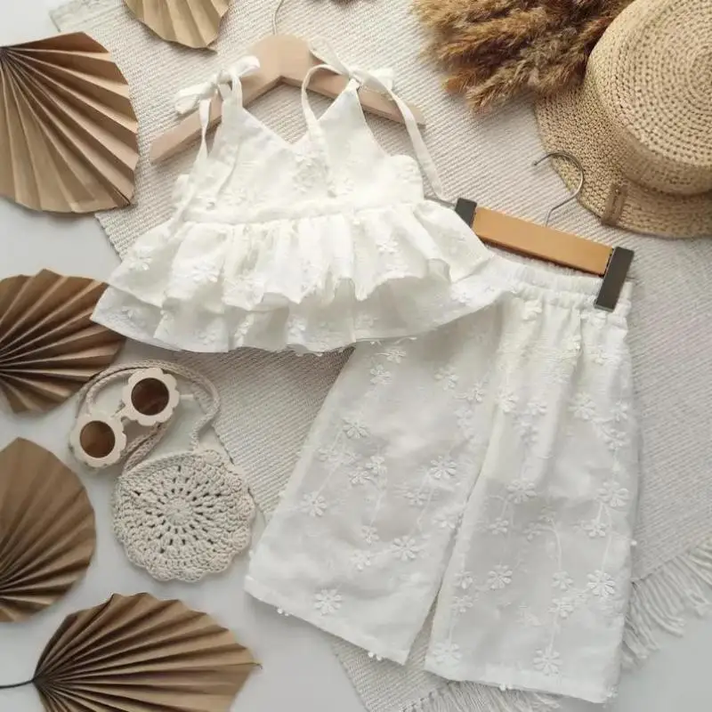 

2026 Summer New Children Sleeveless Clothes Set Girls Embroidery Lace Sling Tops + Trousers 2pcs Suit Kids Princess Outfits