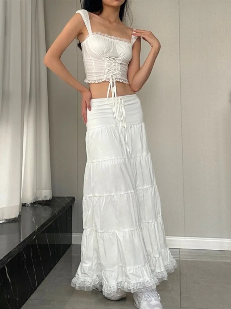 

Fashion Two Piece Outfits Woman Lace Vest Patchwork Long Skirt 2 Piece Set Outfit Backless Solid Color Sleeveless Simple Style