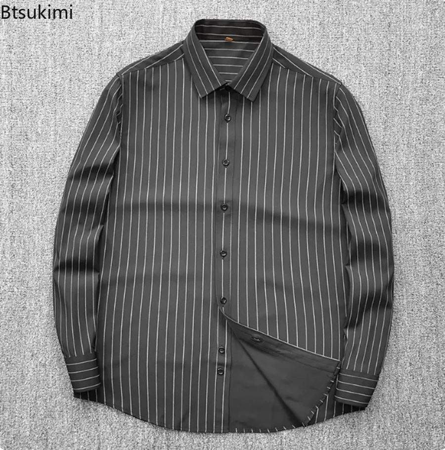 2026 Autumn Fashion Men's Shirts Business Casual Striped Long Sleeve Single Breasted Slim Shirt Anti Wrinkle Versatile Blouse