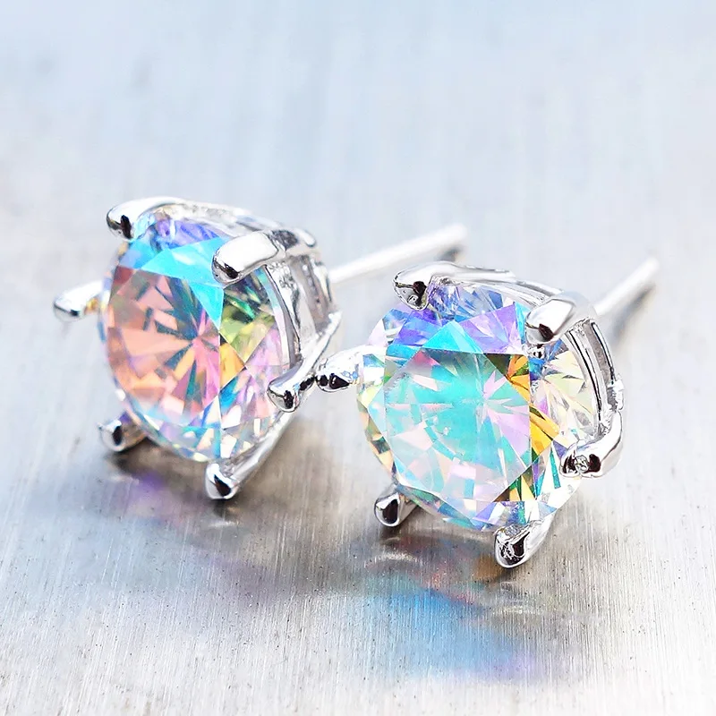 Classic Six Claw Round Stone Earring Rainbow Crystal Multicolor Zircon Stud Earrings For Women Trendy Silver Color Party Jewelry