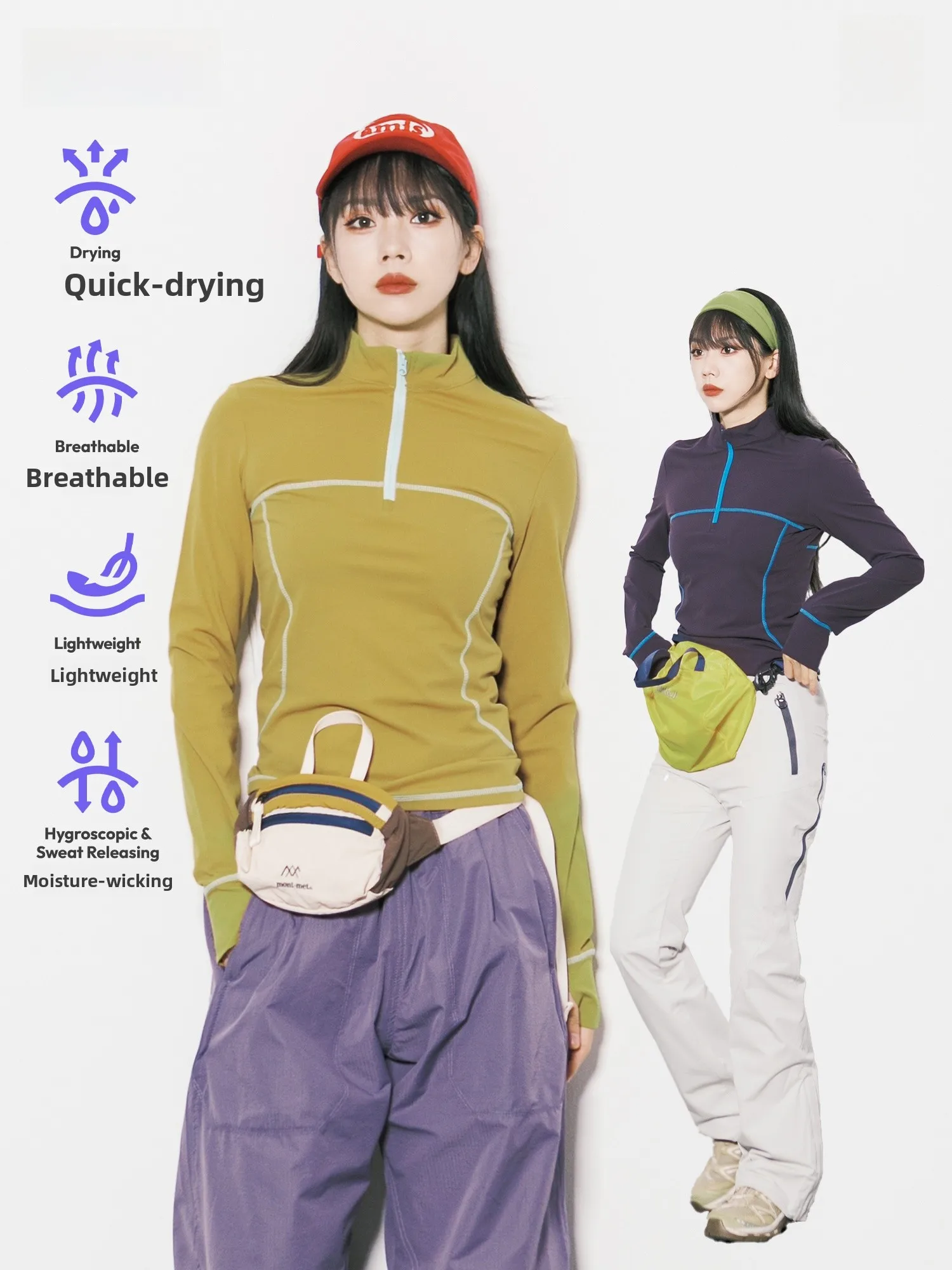 

Outdoor Women's Long Sleeve T-Shirt Zipper Collar Quick Dry Lightweight Color Block Hiking Top Breathable Polyester Fiber