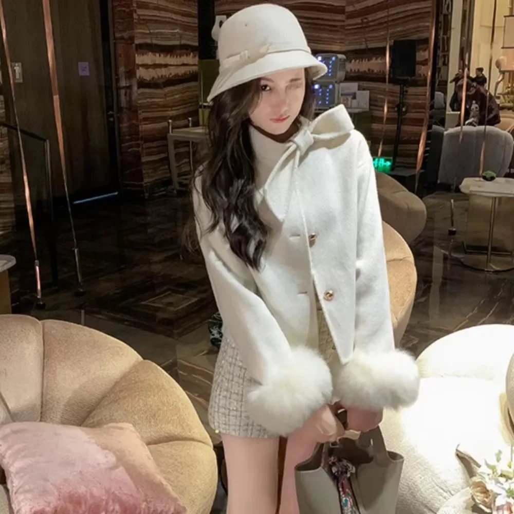 OFTBUY Woolen Autumn Winter Wool Jacket Lady Real Fox Fur Coat Elegant New Style Bow Short Fox Fur Woolen Female Cashmere Coat