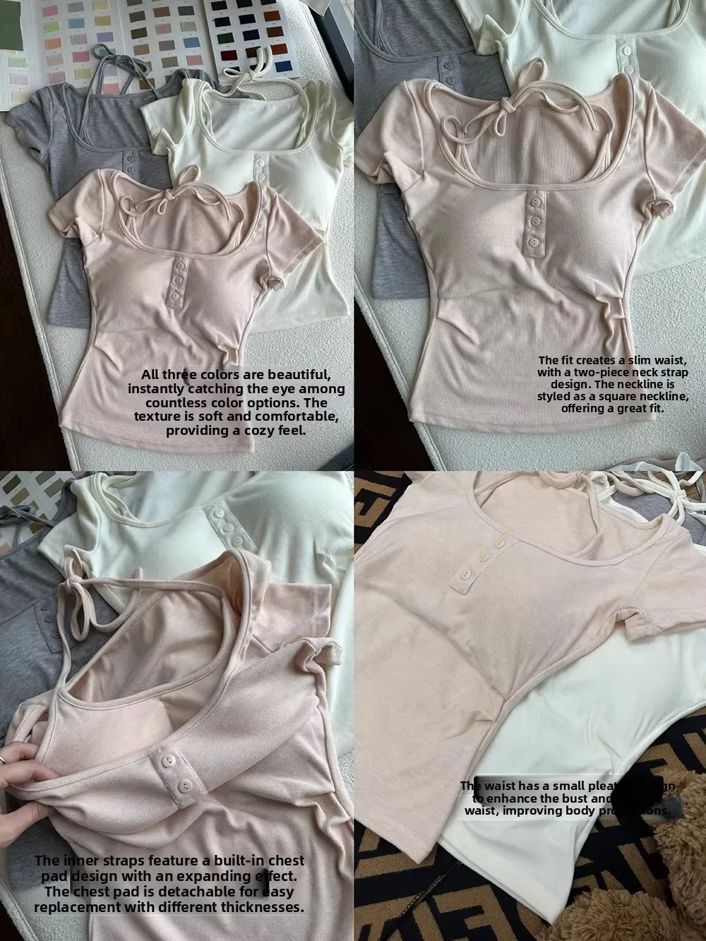 Women's Slim Fit Short Sleeve T-Shirt Summer New Style Pink with Chest Pad Casual Style Button Detail Moisture Wicking