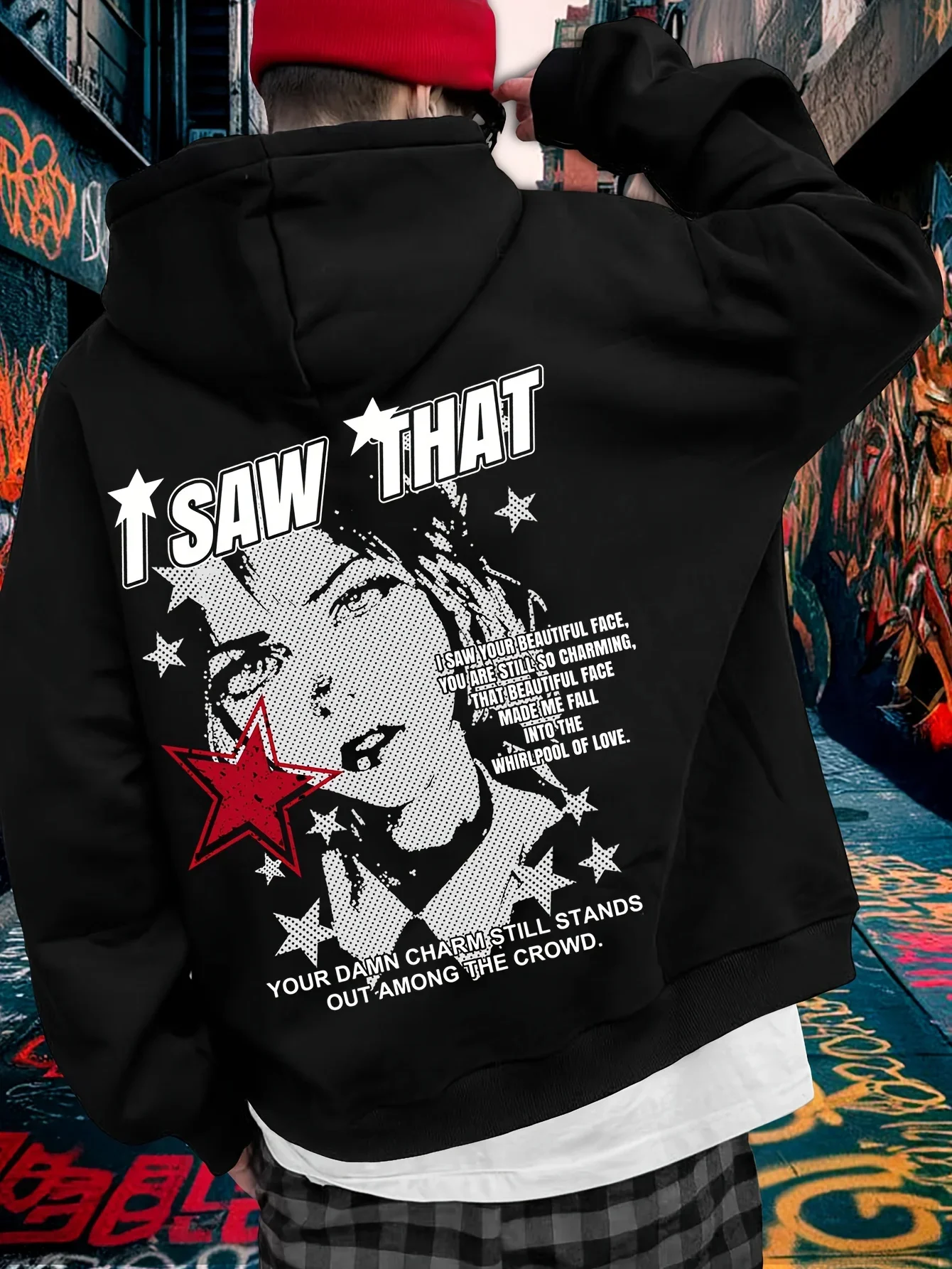 Vintage Retro Poster Style Star Figure Text Print Hoodie For Men Autumn Winter Urban Street Aesthetic Oversized Unisex Fleece