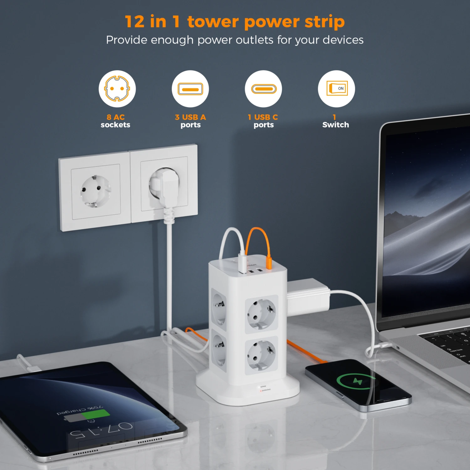 TESSAN 8-Way Multiple Tower Extension Power Strip with 2M Extension Cable 1700J Surge Protector Eu Plug Tower Socket with Type C