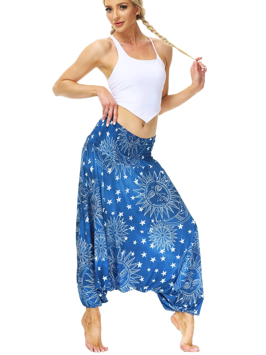 2022 New Womens Harem Yoga Pants,High Waist Casual Beach Pants Baggy Hippie Boho Printed Aladdin Pants