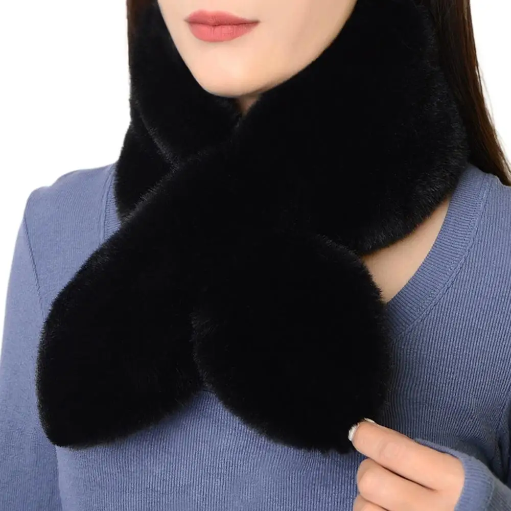 Women Winter Warm Thicken Cross Collar Scarf Solid Color Faux Rabbit Fur Plush Elegant Shawl Scarf Neckerchief Girls Shawl Scarf