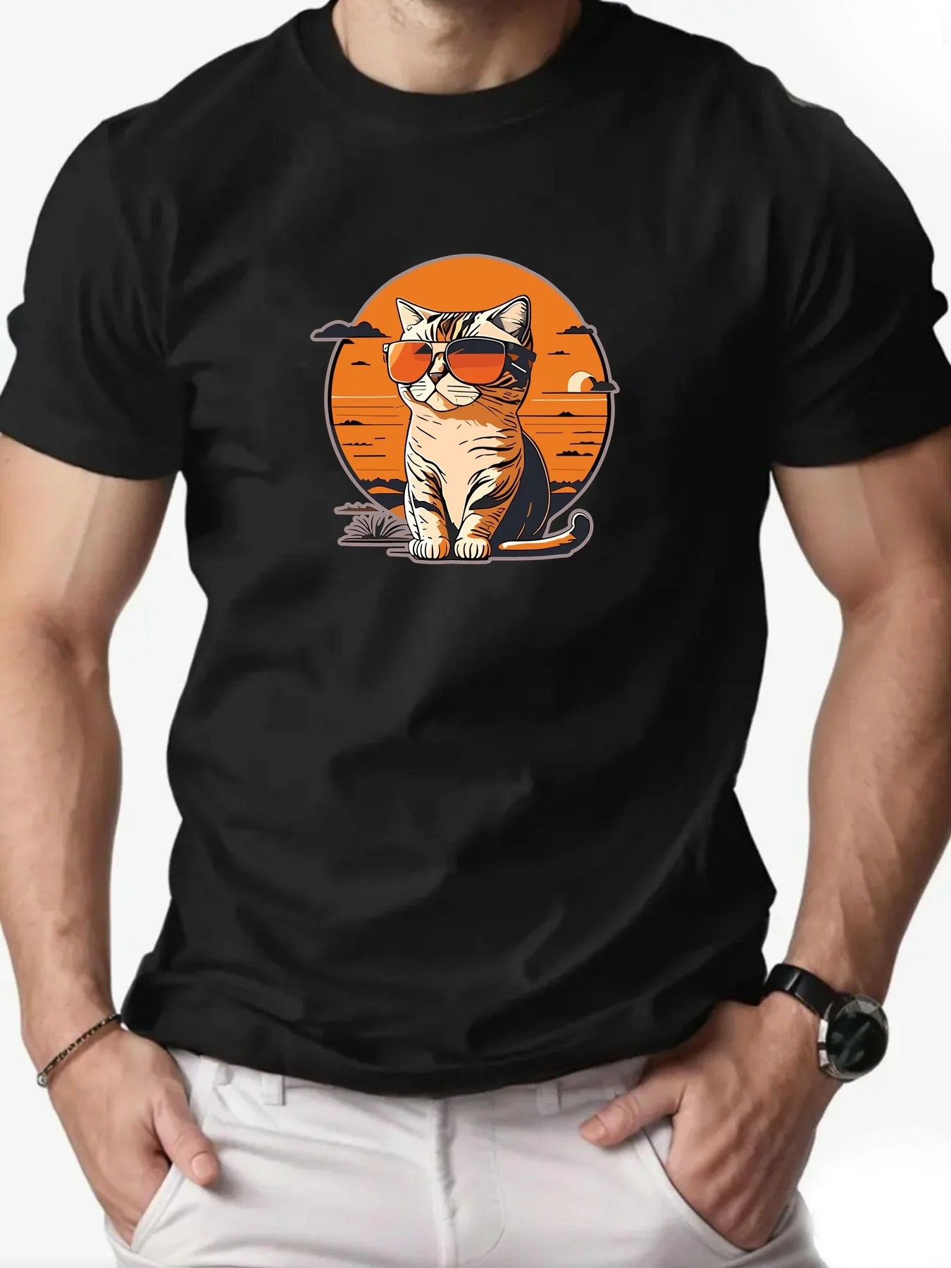 T-shirt pour homme avec motif chat tigré cool et lunettes tendance - T-shirt décontracté d'été à manches courtes et col rond avec motif chat tigré orange pour tenue décontractée et tenues de loisirs - Imprimé animal amusant pour homme - Base unie élégante avec chat amusant portant des lunettes