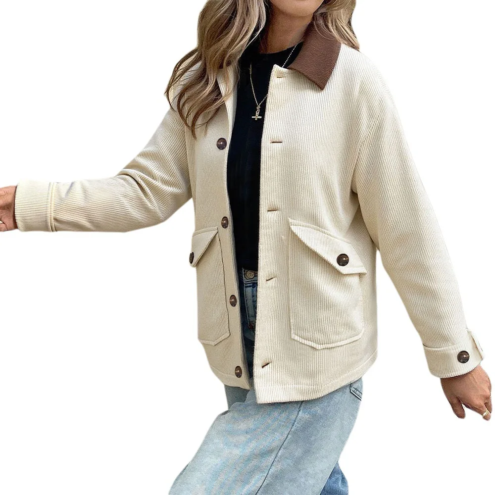 KIDCRKJ Autumn Women Corduroy Coat Color Blocked Single Breasted Big Pockets Jacket For Lady Commuting Versaitle Female Outwear