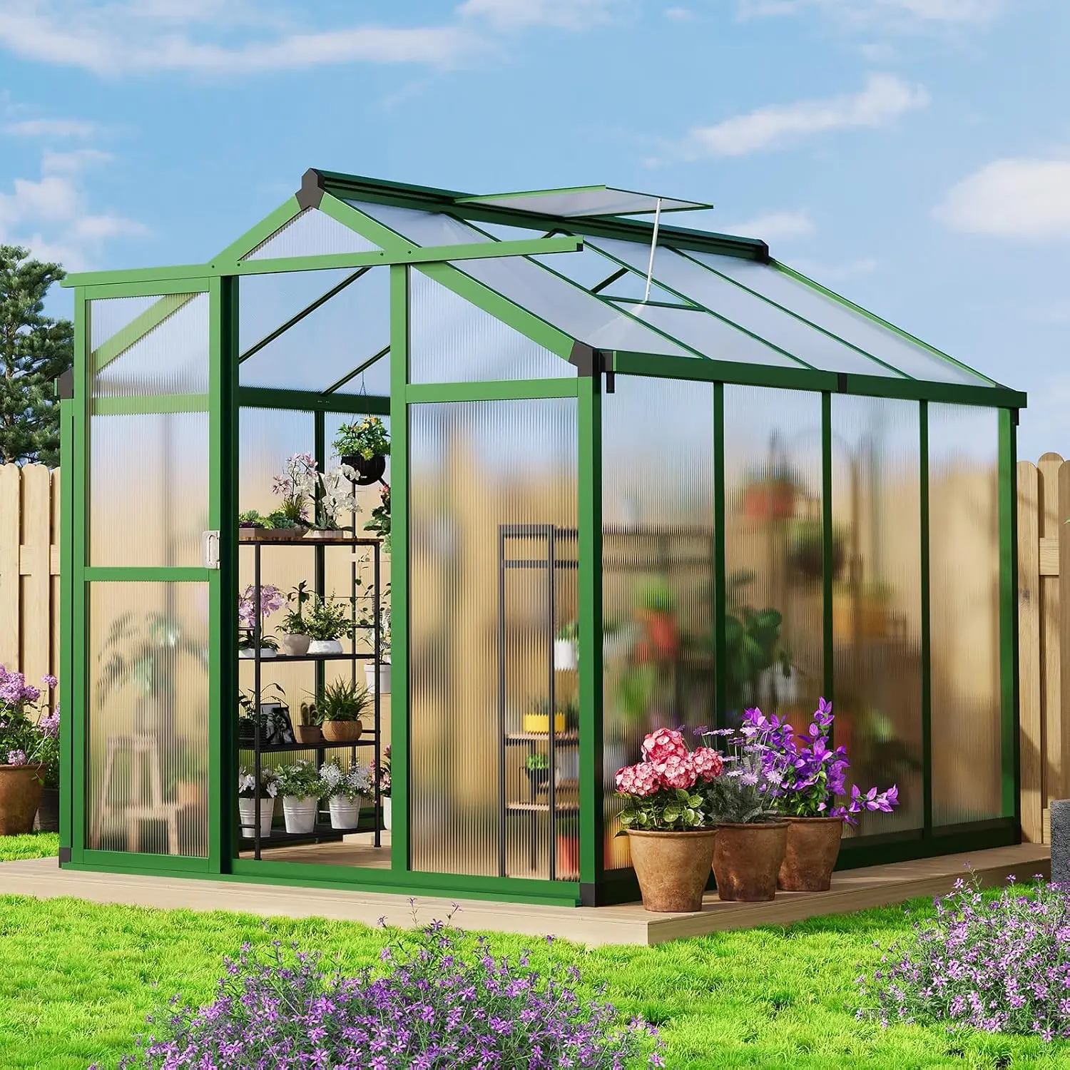 Greenhouse 6x8FT Aluminum Frame Polycarbonate Panels Vent Rainwater Gutter Garden Patio Plant Growth, Customized