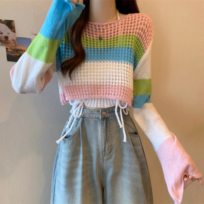 Cropped Pullovers for Women Colorful Hollow Out Cute Youths Spring Fashion Loose Sweet Knitwear Casual All-match Harajuku Girls