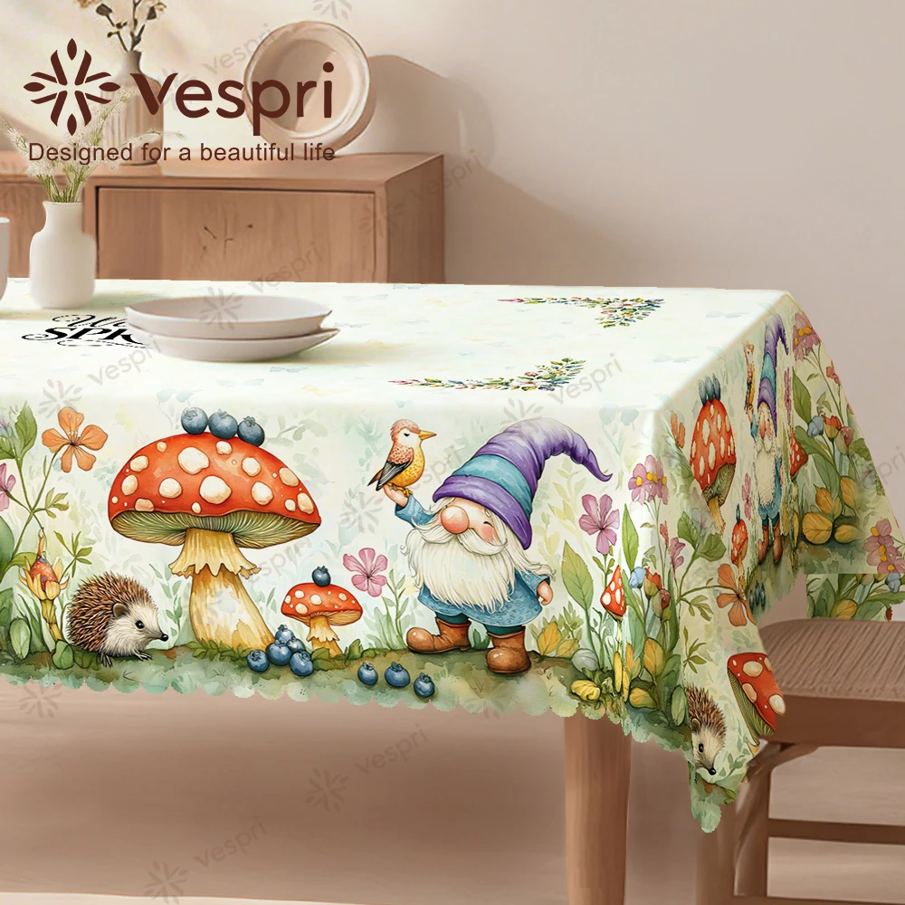 Floral Tablecloth with Mushrooms, Gnomes, Watering Can for Indoor/Outdoor Camping decor, Rectangular/Round/Oval
