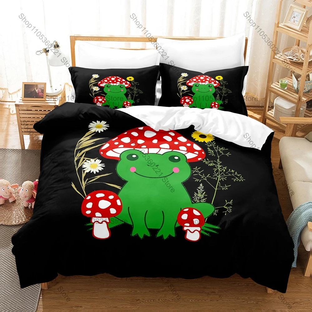 Cottagecore Frog Mushroom 3D Print Bedding Set Includes Duvet Cover + 2 Pillowcases Cute Forest Bedroom Decor For Nature Fans