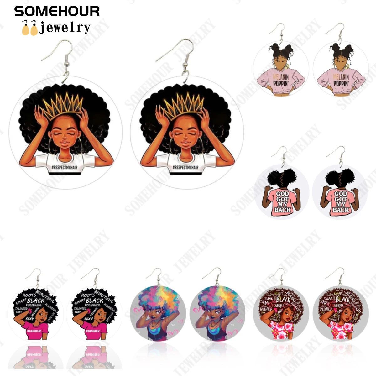 SOMEHOUR Respect My Hair Afro Curly Girl Queen Wooden Drop Earrings Melanin Poppin Black Roots God Sayings Printed Loops Dangle