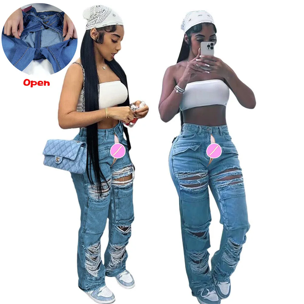 

Summer Casual Denim Trousers Women's Ripped Jeans Overalls Invisible Open Crotch Outdoor Sex Boyfriend Sexy Tools Y2k Streetwear