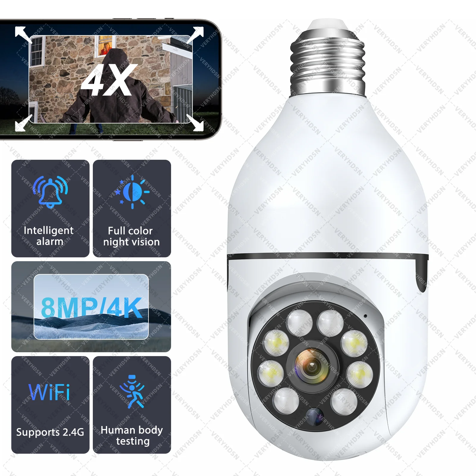 

8MP Bulb WiFi Camera E27 Wireless Surveillance Camera Indoor Full Color Night Vision AI Human Detect Smart Home 4X Digital Zoom