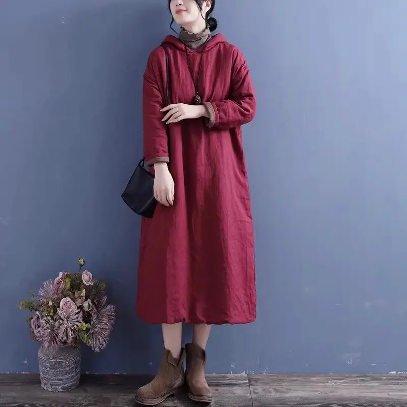 Ramie Hooded Mid Length Cotton Jacket Dress Women's 2024 Winter Ethnic Style Loose Warm Chinese Cotton Linen Quilted Robe k2678