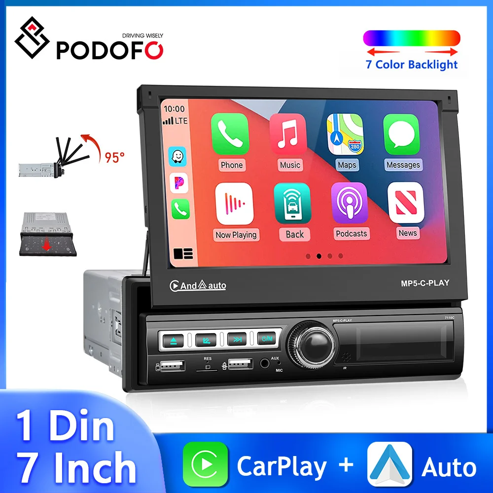 

Podofo 7 Inch 1Din Car Radio MP5 Android Auto Carplay Retractable Multimedia Player MIC Bluetooth HD Video Rearview Camera Audio