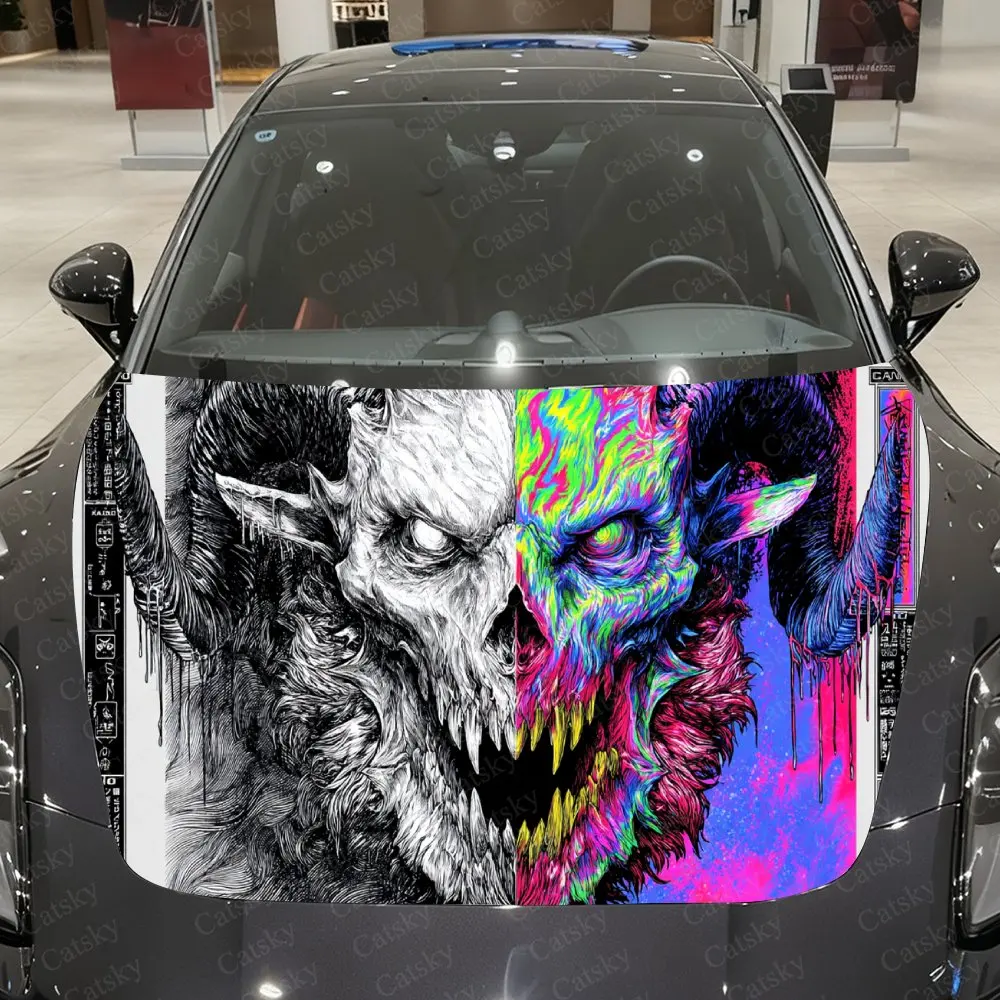 

Неоновая контрастная виниловая наклейка на автомобиль с изображением черепа демона, водонепроницаемая наклейка на капот автомобиля из ПВХ, самоклеящиеся устойчивые к царапинам наклейки