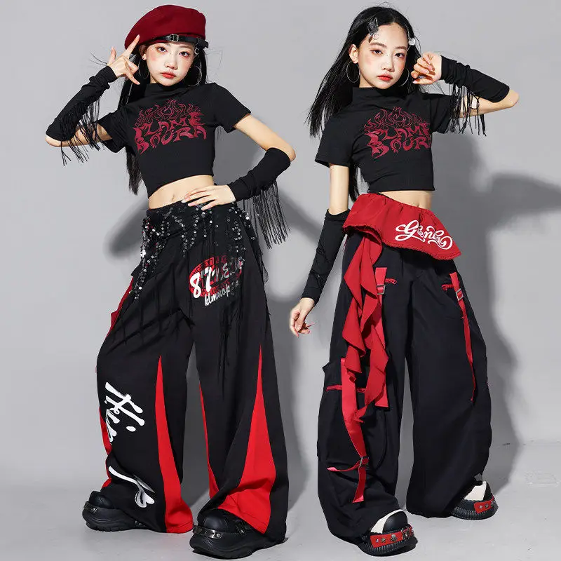 

Одежда для джазовых танцев, сценическая одежда для уличных танцев для девочек, одежда для выступлений в стиле Kpop, черный укороченный топ, широкие брюки, уличная одежда AMY3466