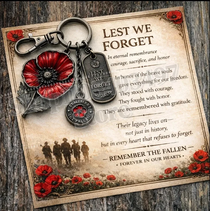 2026 Remembrance Poppy Keychain, Lest We Forget Red Poppy Flower Pendant Key Ring for Veterans Day & Memorial Gift