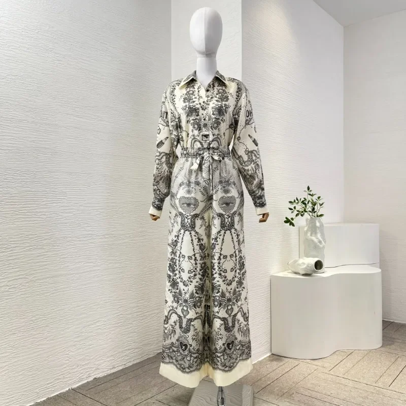 

Grey White Floral Print Long Sleeve Blouse Tops 2025 Set