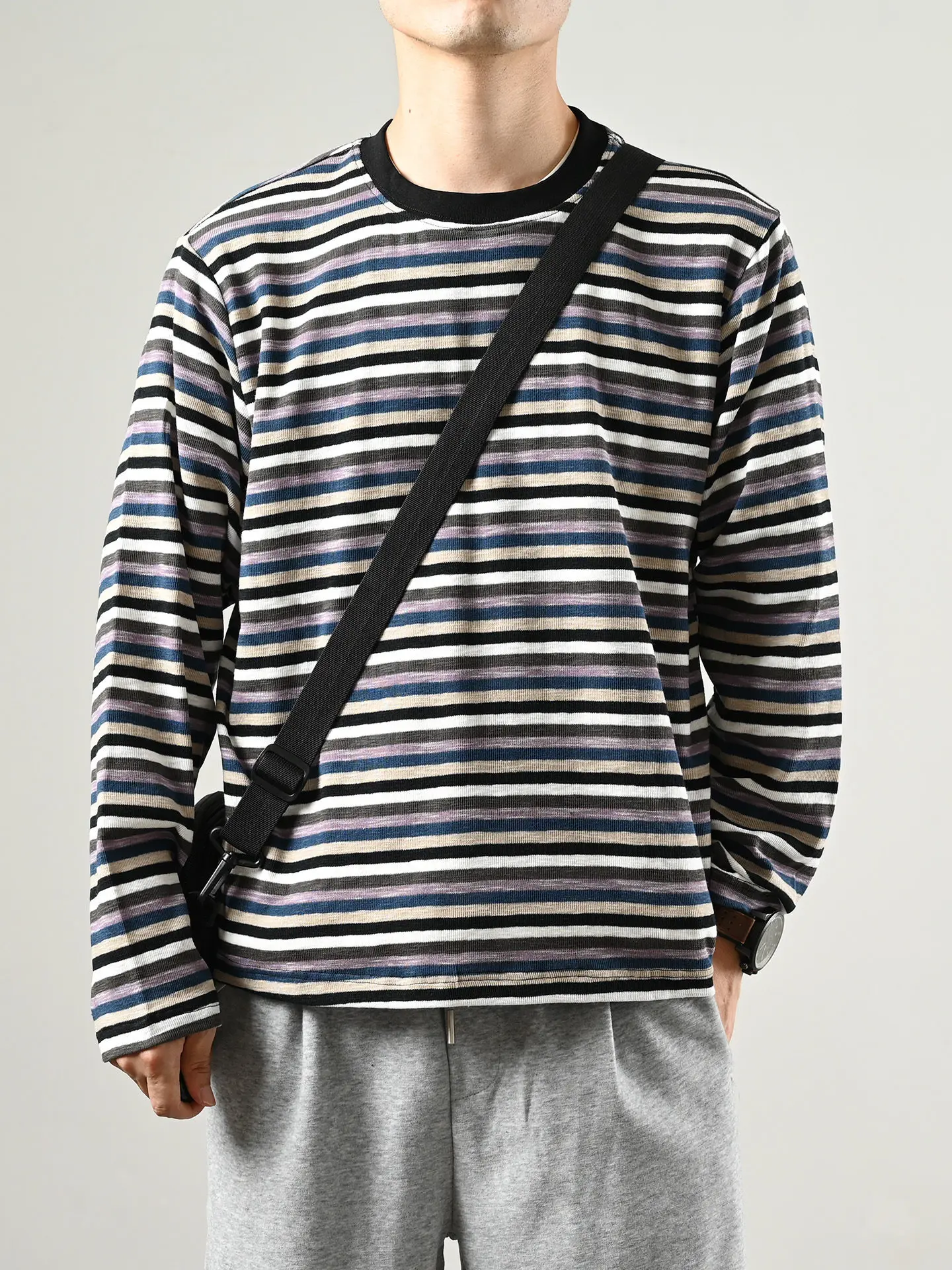 Camiseta Masculina Retrô Listrada de Manga Longa, Blusa Casual Solta com Gola Redonda, Moletom Confortável de Algodão Misto, ...