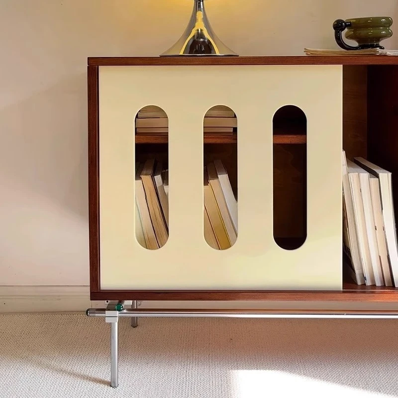 

Italian minimalist bedroom bedside table Danish designer high sense light luxury retro floor multi-layer contrasting color