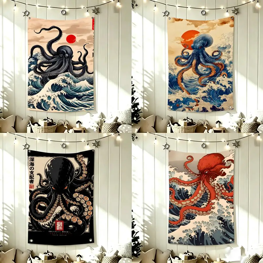 Japanese Aesthetics Ukiyo e Octopus Flags Home Decor Wall Hanging Vertical Flags Indoor Outdoor