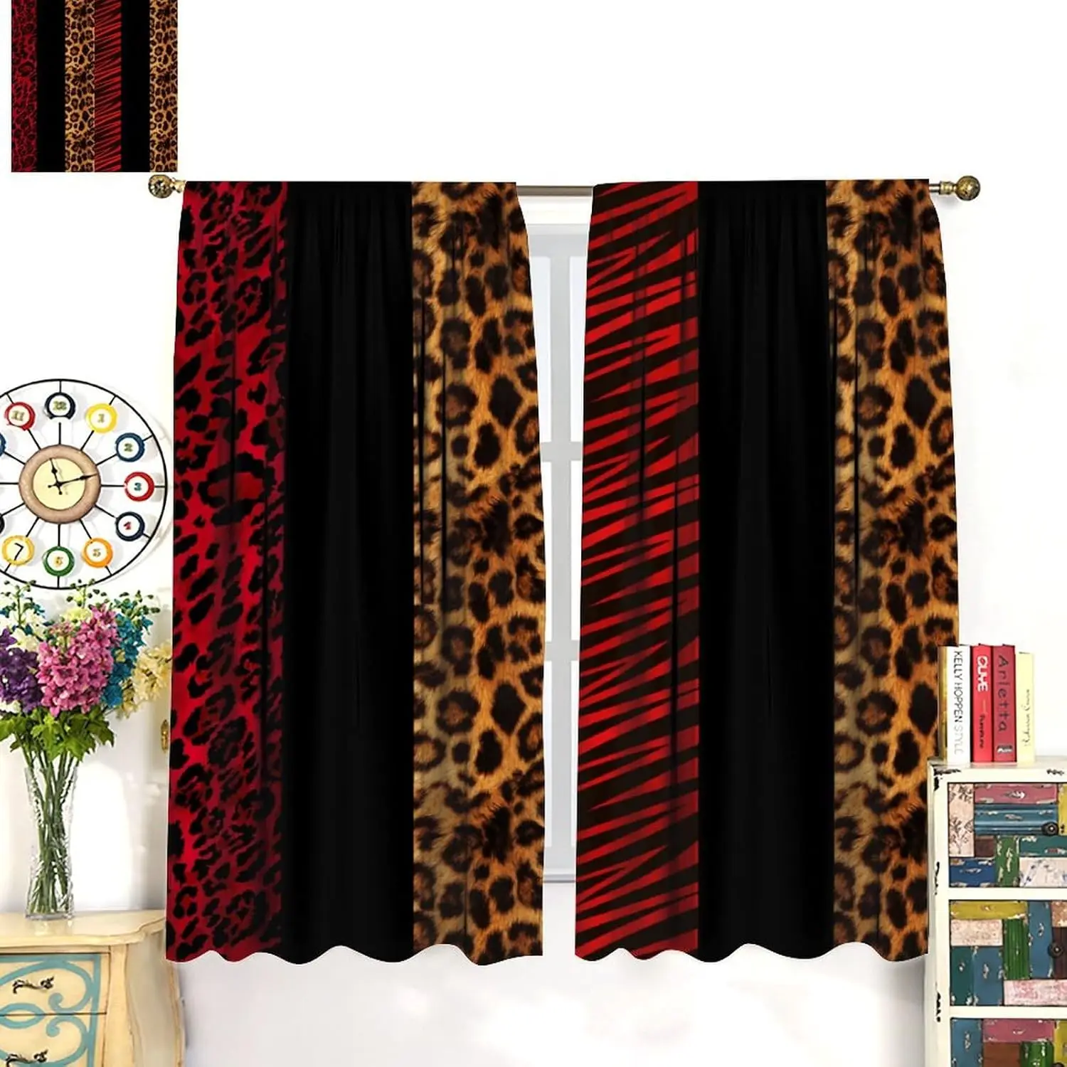 Leopard Print Window Curtains,Red and Black Leopard Texture Lightweight Décor Window Treatments Wild Animal Skin Print Drapes