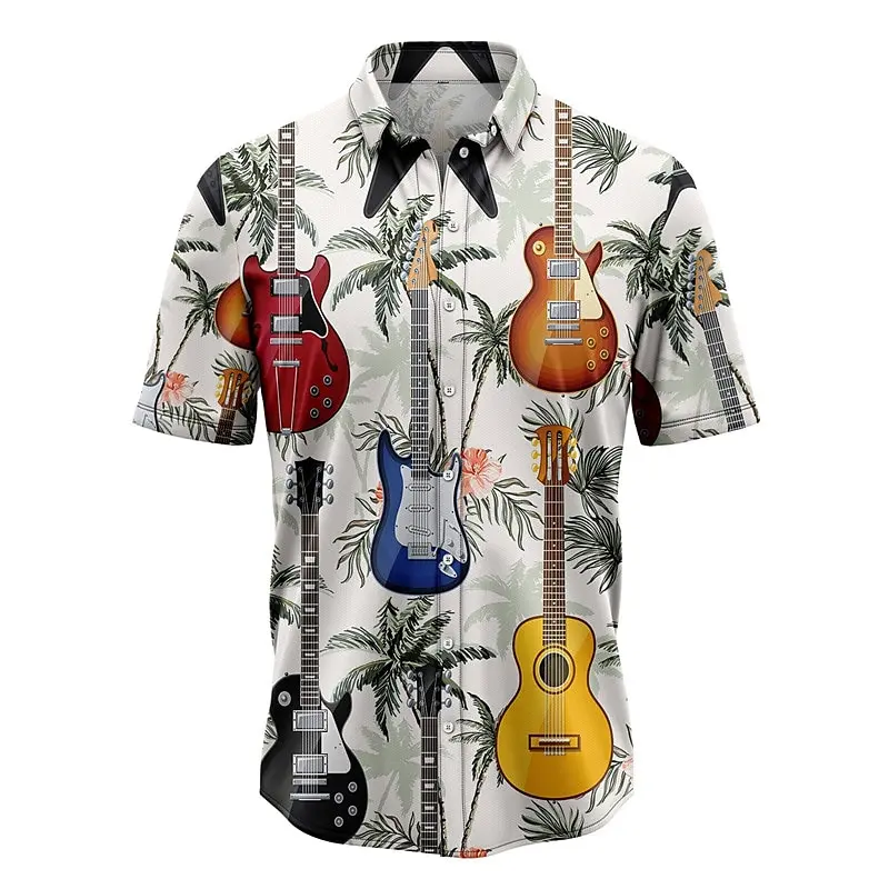 Men\'s shirt Hawaiian shirt coconut pattern printed guitar street casual short sleeved button printed clothing fashion