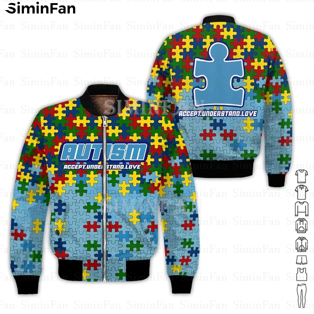 AUTISM Accept Understand Love 3D Printed Mens Bomber Jacket Male Unisex Outwear Winter Women Thick Zipper Coat Quilted Cotton