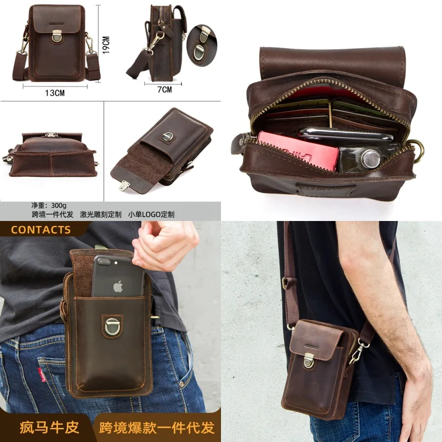 

【New style】Black Angel source cowhide men's single shoulder diagonal straddle bag retro crazy horse leather mobile phone pock